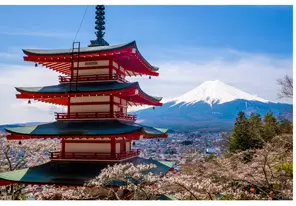 Temple et volcan au Japon