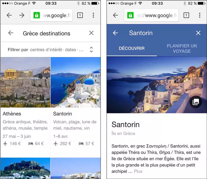 Recherche de destinations dans le moteur Google