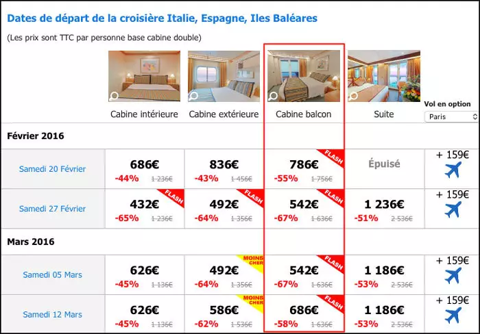 Prix des cabines balcons après promotions