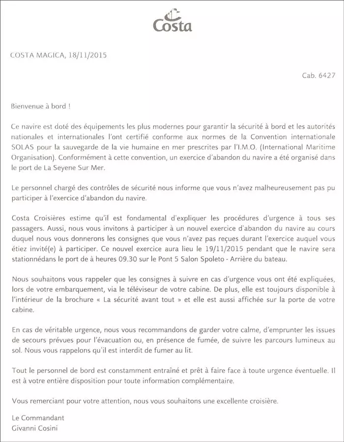 Lettre du commandant lorsque l'exercice de sécurité n'est pas fait par le passager