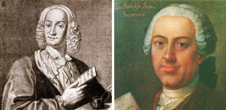 à gauche : le portrait de Antonio Vivaldi réalisé par François Morellon la Cave (1725) - à droite : Portrait de Johann Adolf Hasse, anonyme