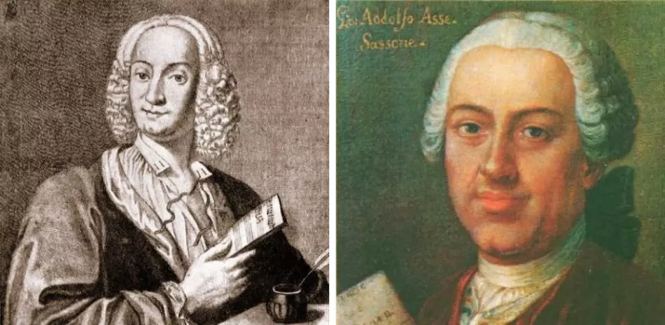 À gauche : le portrait de Antonio Vivaldi réalisé par François Morellon la Cave (1725) - À droite : Portrait de Johann Adolf Hasse, anonyme