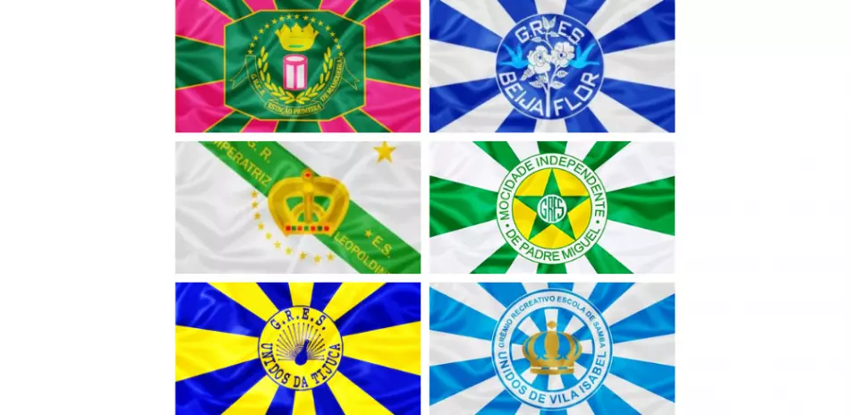 De gauche à droite, les drapeaux des écoles de Samba : Estação Primeira de Mangueira, Beija-Flor, Impératriz Leopoldinense, Mocidade Independente de Padre Miguel, Unidos da Tijuca, Unidos de Vila Isabel