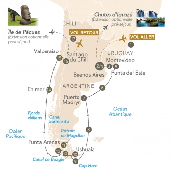 Itinéraire Croisière Patagonie et Terres australes : Argentine - Uruguay - Chili