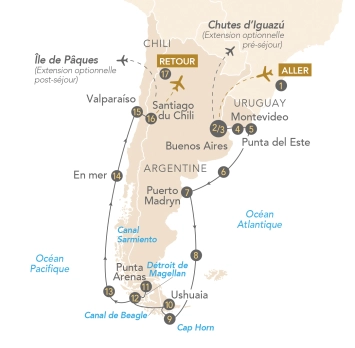 Itinéraire Croisière en Patagonie : Argentine, Uruguay, Chili
