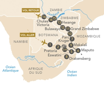 Itinéraire Train African Explorer: Afrique du Sud, Eswatini, Mozambique, Zimbabwe