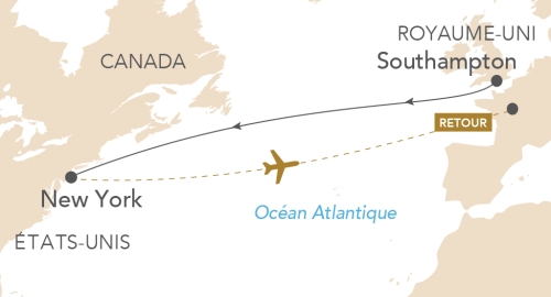 Itinéraire Traversée de Southampton à New York sur le Queen Mary 2