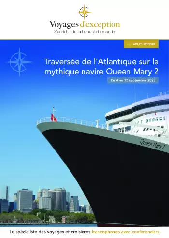 Couverture de la brochure du voyage Traversée de l'Atlantique sur le mythique navire Queen Mary 2