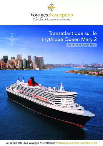 Couverture de la brochure du voyage Croisi&egrave;re transatlantique sur le mythique Queen Mary 2 avec Jean-Christophe Rufin