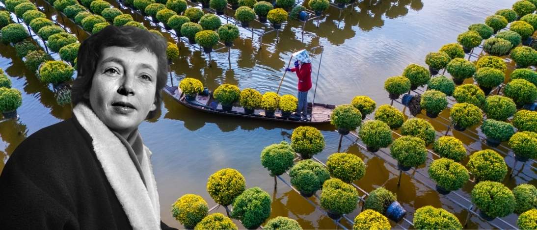 Portrait de Marguerite Duras et un des affluents du M&eacute;kong transform&eacute; en jardin