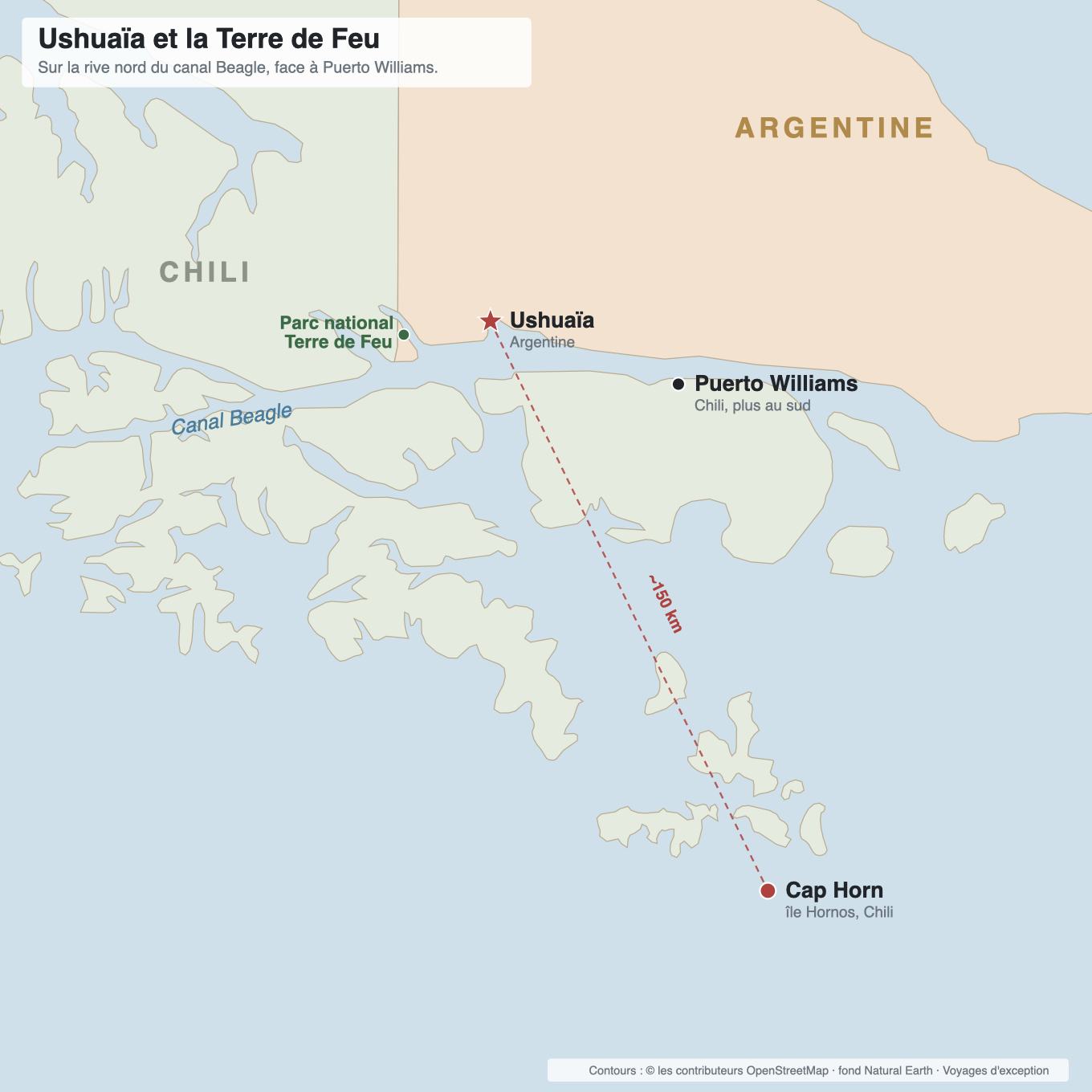 Carte de la Terre de Feu situant Ushuaïa, le canal Beagle, Puerto Williams, le parc national et le cap Horn