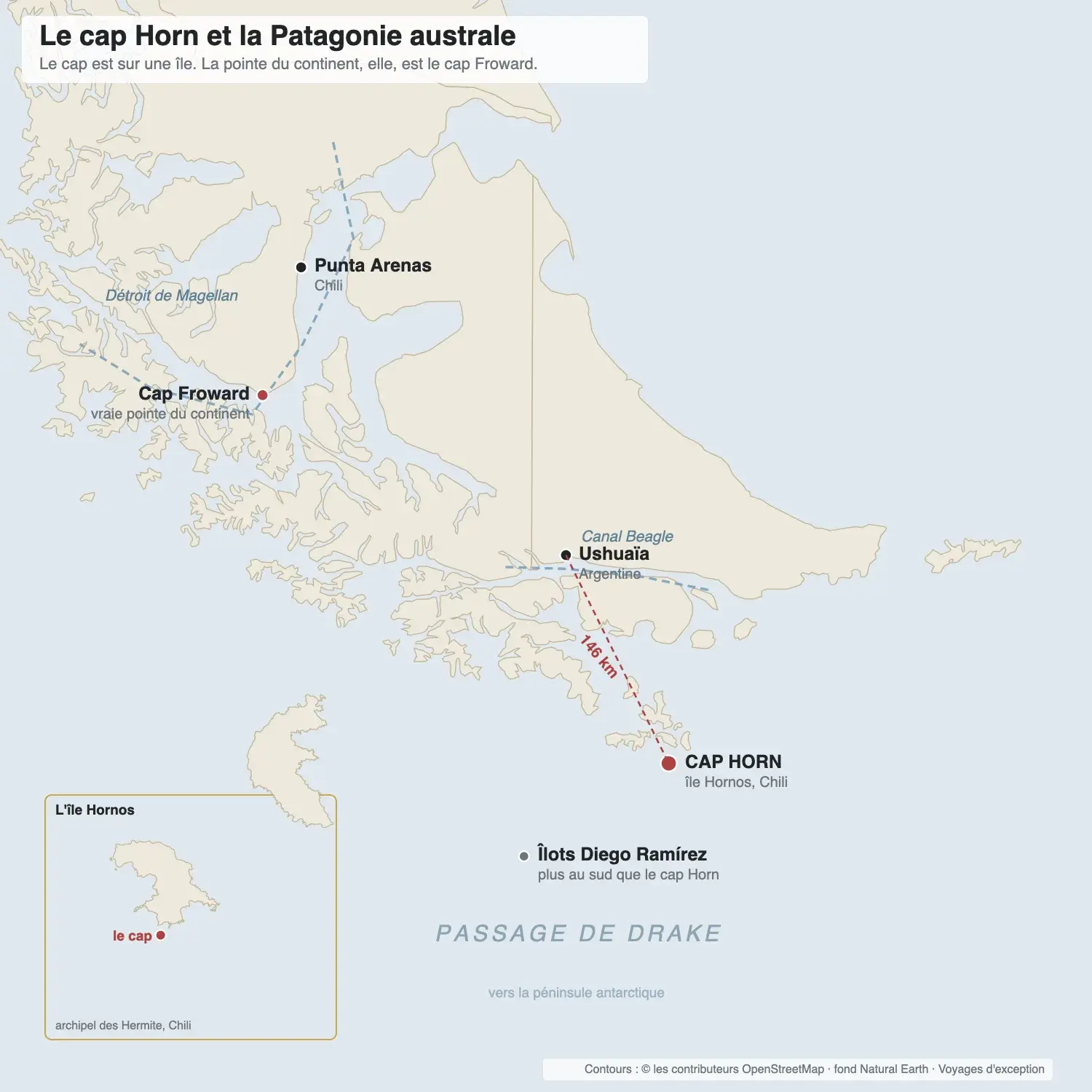 Carte de la Patagonie australe situant le cap Horn, l'île Hornos, Ushuaïa, Punta Arenas, le passage de Drake et les îlots Diego Ramírez