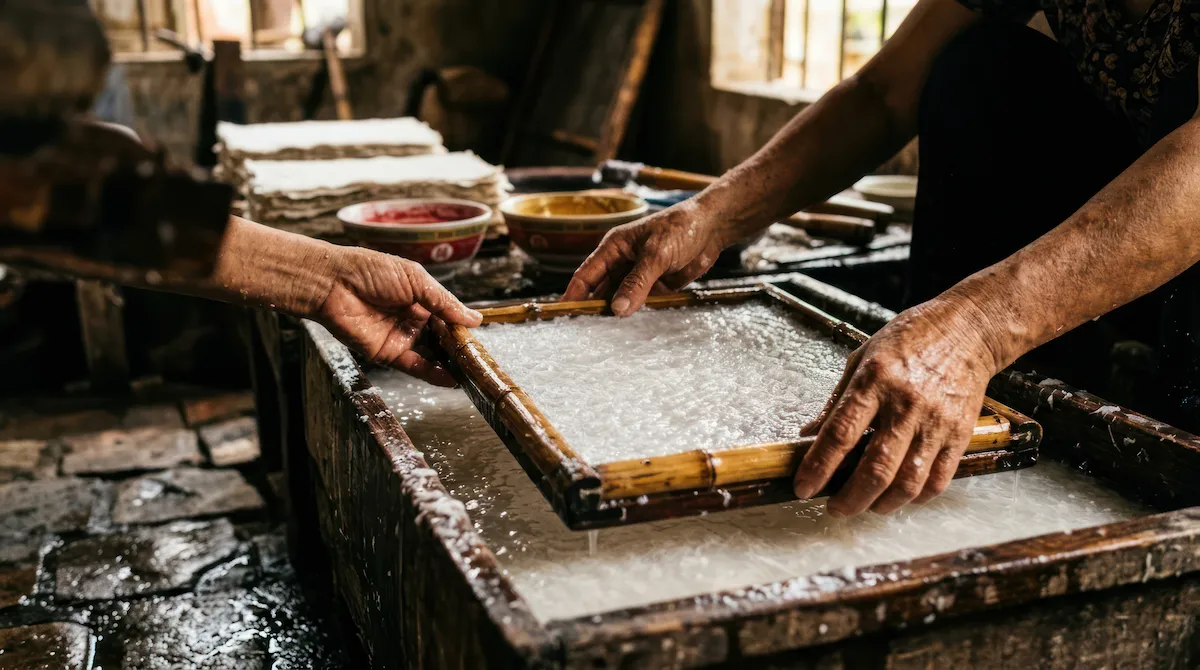 Fabrication artisanale du papier à l'écorce de daphné dans un atelier de Thimphou
