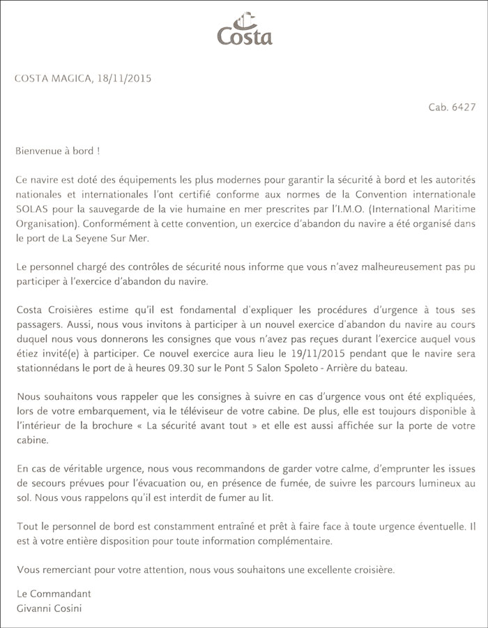 Lettre du commandant lorsque l'exercice de sécurité n'est pas fait par le passager